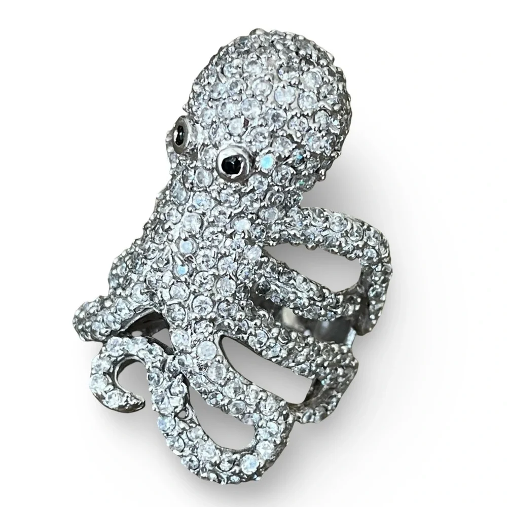 Large Sparkling Pave Silver Tone Statement Octopus Ring Size 7